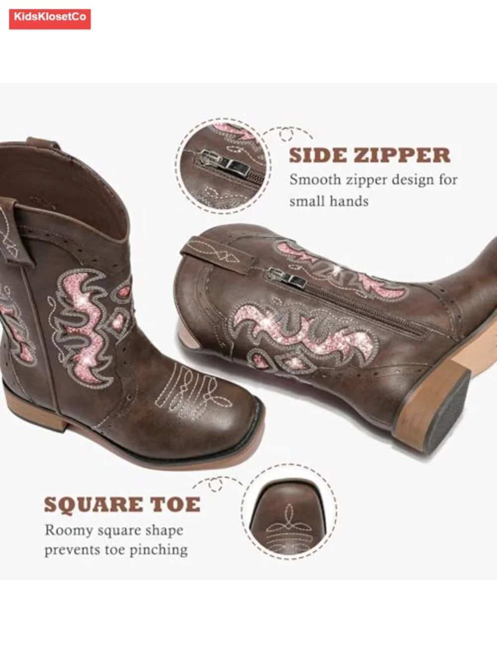 Kids Cowgirl Boots Square Toe Zipper Mid Calf Low Heel Horse Riding